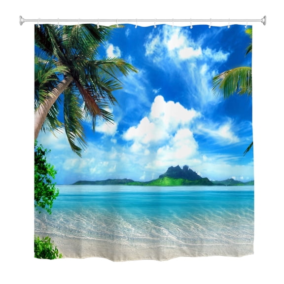 Goodbath Extra Long Shower Curtain 84", Beach Tropical Palm Trees Coast Theme Waterproof Fabric Bath Curtains for Bathroom, 72 x 84 inches,Green Blue