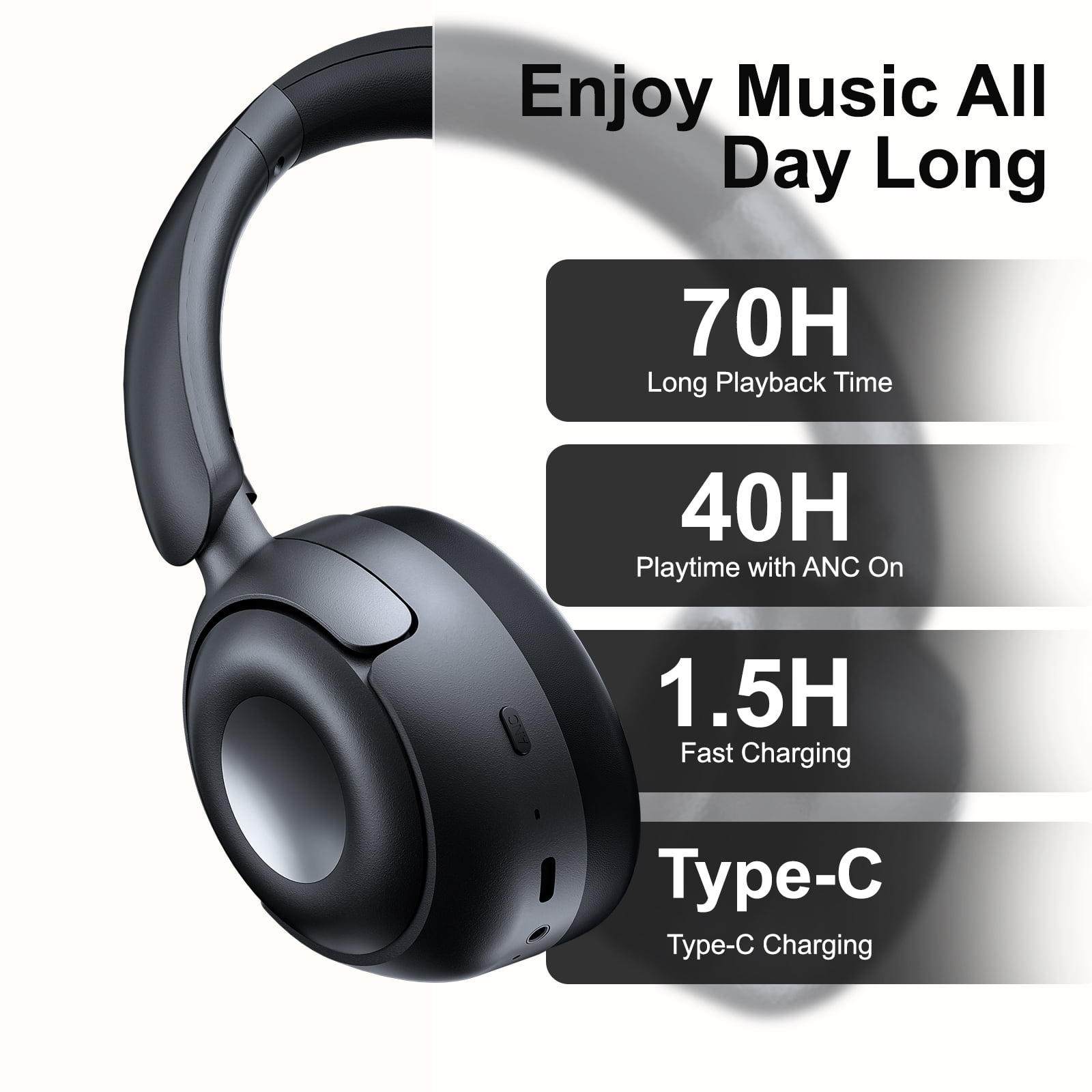 Hybrid Active Noise Cancelling Headphones, -50dB Bluetooth Headphones 5.4, 70H Playtime,Clear Call with 6 ENC Mic, Bass Boosted by 95%, Wireless Over Ear Headphones, for Travel Home Office thumbnail 6