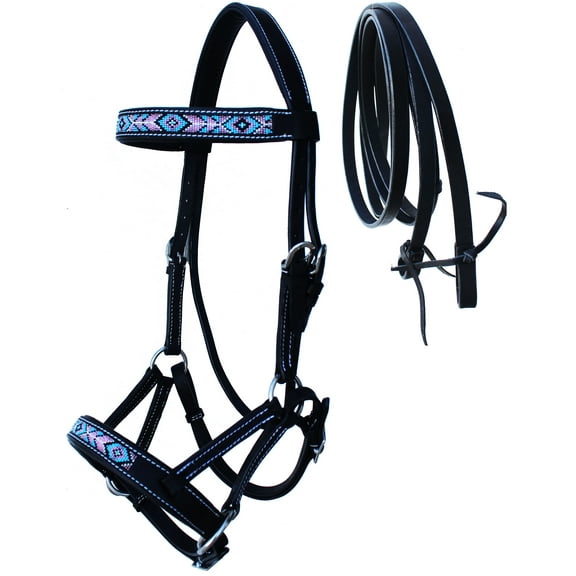 Horse Western Black Leather Beaded Bitless Padded Sidepull Bridle Reins 77RS20BK