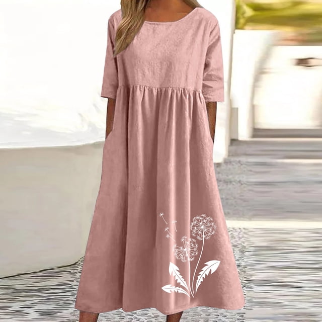 Meichang Robes en Coton et Lin pour Femmes Grande Taille, Robes Midi à Imprimé Pissenlit, Manches Courtes, Col Ras du Cou, Robes Plissées à Taille, Robes Décontractées avec Poches, Rose XXXXXL