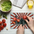 thumbnail image 4 of Japanese Cutting Board, Group of Samurai Ninja Posing and Getting Ready on Unusual Striped Retro Backdrop, Decorative Tempered Glass Cutting and Serving Board, Small Size, Red Black, by Ambesonne, 4 of 5