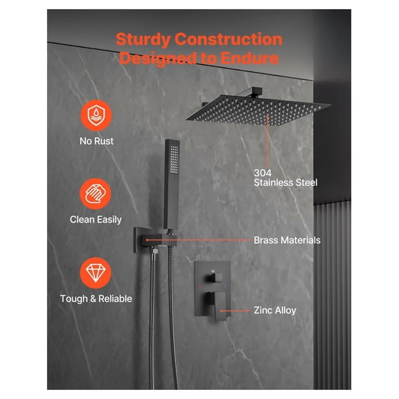 Rainfall Shower System, Matte Black Shower Faucet Set with 12-Inch Rain Shower Head & Handheld Spray, Wall Mounted Bathroom Fixtures with Brass Valve