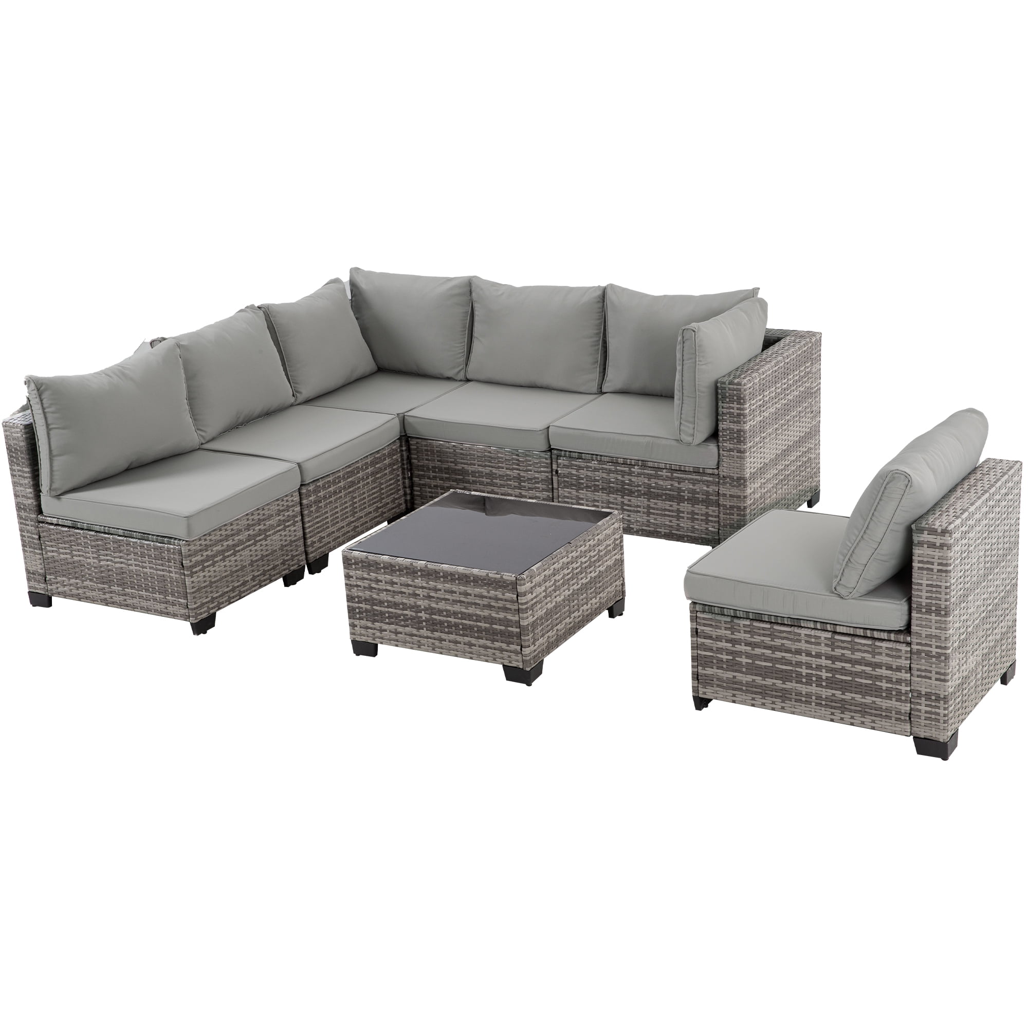 7 Piece Patio Furniture Sets Outdoor Sectional PE Rattan Outdoor Furniture Patio Conversation Set with Cushions and Glass Coffee Table, for Balcony Lawn and Garden, Grey