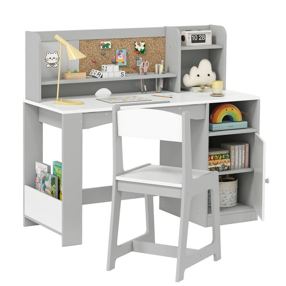 Reasea Kids Study Desk and Chair Set with Tiltable Desktop, Hutch & Storage - Wooden Writing Table for Ages 5-12, Grey