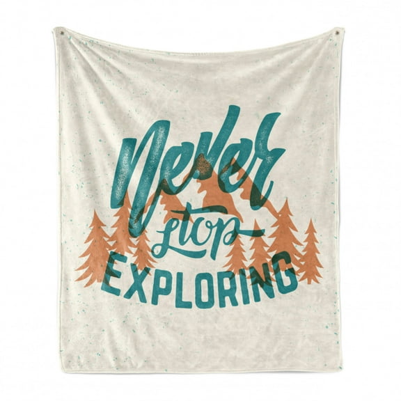 Explore Soft Flannel Fleece Blanket, Hand Lettering Words on Traveling with Mountain and Forest Silhouette, Cozy Plush for Indoor and Outdoor Use, 60" x 80", Teal Beige Burnt Orange, by Ambesonne