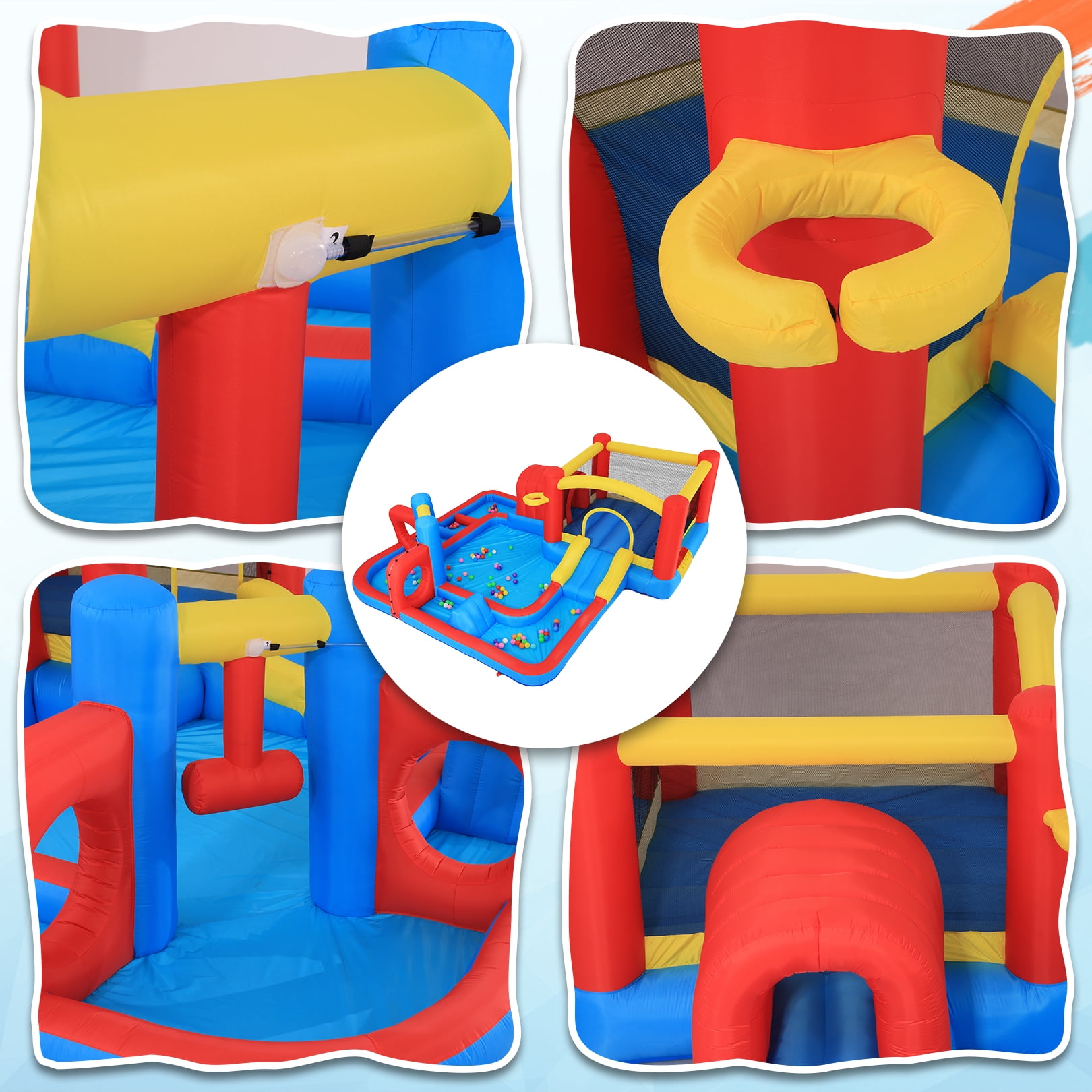 Funcid Bounce House 14.3x14.3FT, 10-in-1 Inflatable Obstacle Course, Jump Area, Ball Pit, Tunnel, Wet & Dry Use, With 520W Blower