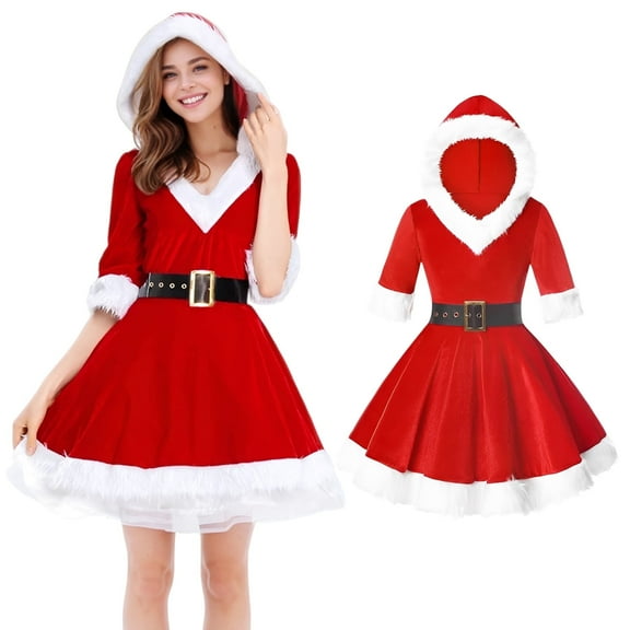 Alaiyaky Mrs. Claus Red Hooded Dress Women's Santa Claus Costume with Belt Christmas Role Play Theme Party Stage Performance