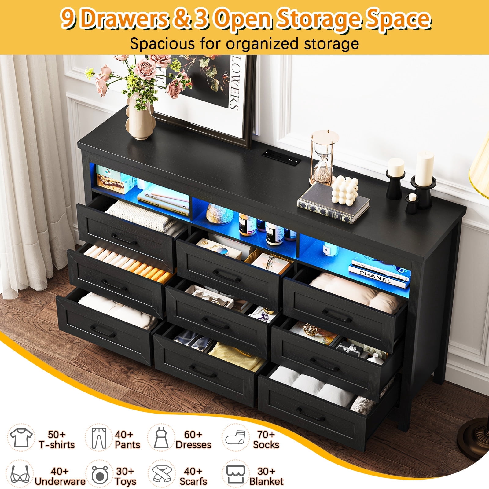 ANPOO Farmhouse 9 Drawers Dresser with LED Lights & Power Outlet, 63" Wide Large Chest of Drawers with Storage Organizer/60000 Colors Light, Modern Wood Dresser for Bedroom, Living Room, Hallway