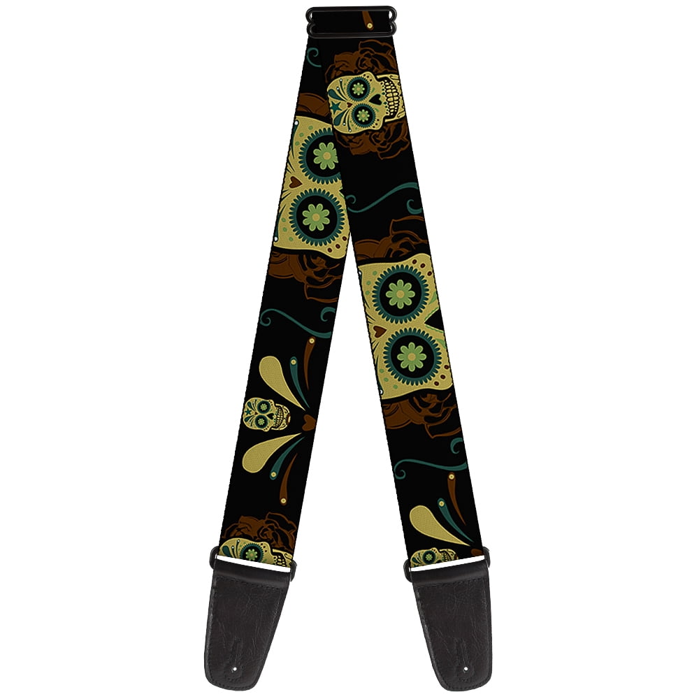 Buckle-Down Guitar Strap, Sugar Skulls Black Olive Burgundy, 2 Inches Wide