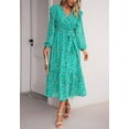 thumbnail image 5 of Floral Print Ruffle Shoulder Long Sleeve Midi Dress for Women Green Small, 5 of 5