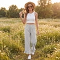 thumbnail image 3 of Satingcolo Linen Pants Women Wide Leg Ruffle Hem Pull On High Waisted Elastic Waist Cropped Ankle Casual Beach Summer Pants White S, 3 of 8