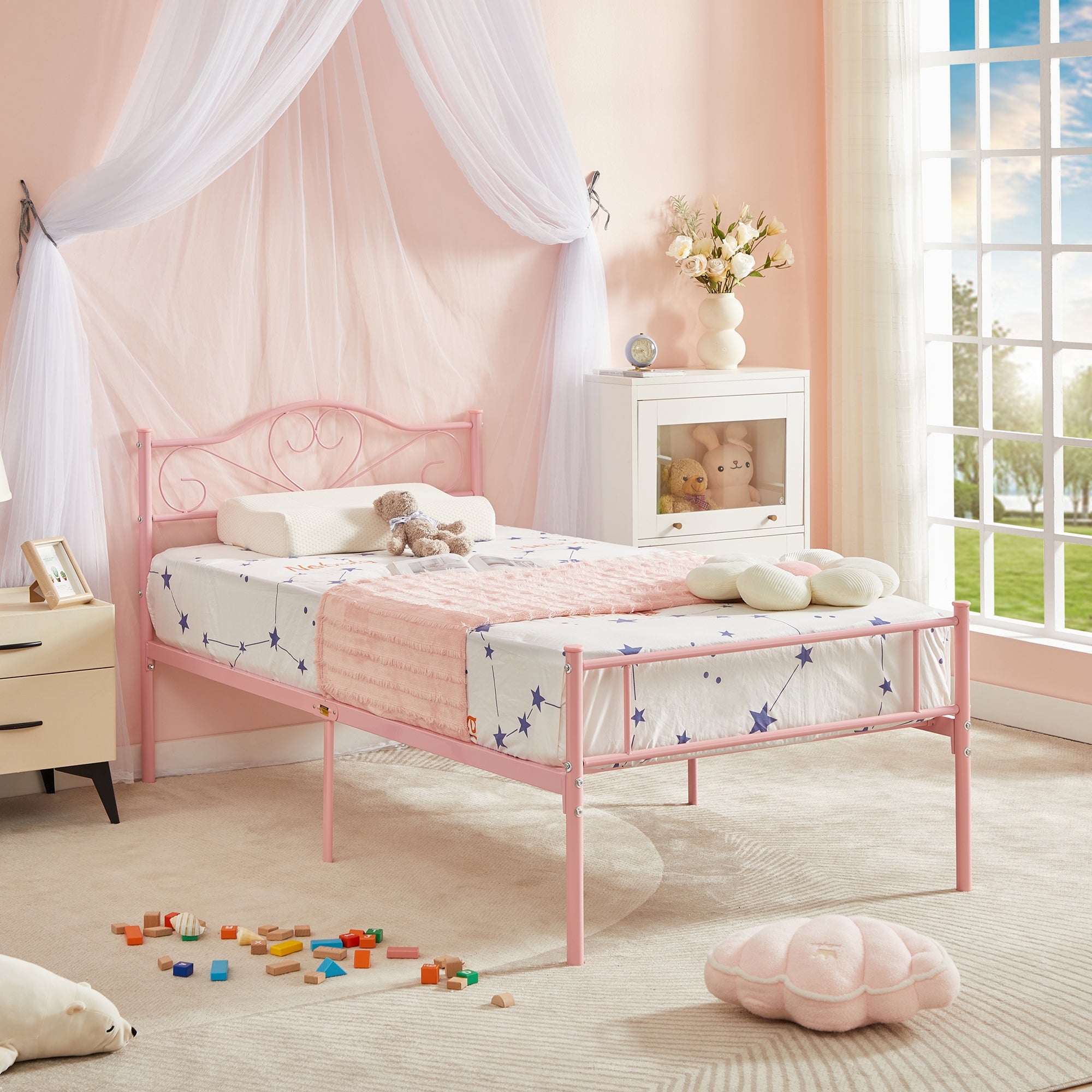 14 Inch Twin Size Metal Platform Bed Frame with Headboard and Footboard, Heavy Duty Mattress Foundation with Steel Slats Support, No Box Spring Needed, Pink