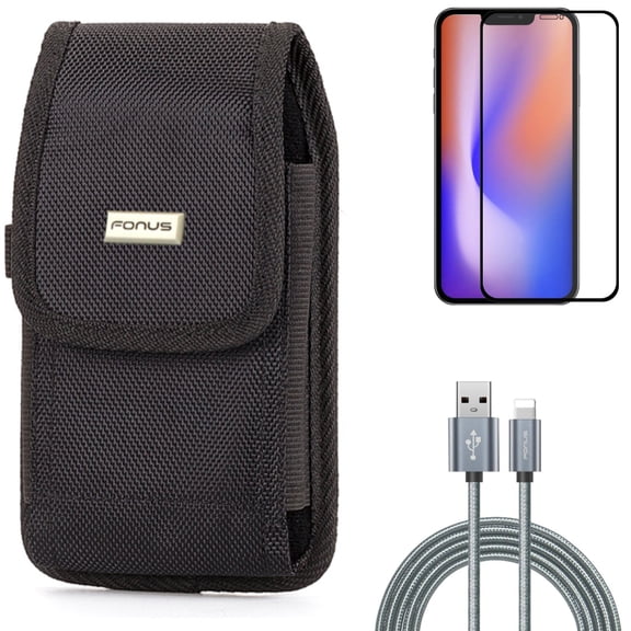Screen Protector & 6ft USB Cable & Case Belt Clip for iPhone 13/Pro - Combo with Anti-Glare Tempered Glass Matte & Charger Cord Power Wire & Rugged Holster Canvas