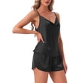 thumbnail image 4 of INSPIRE CHIC Women's Pajama Sets Satin Curved Crisscross Back Cami Spaghetti Strap Cowl Neck Silky Split Shorts Set S Black, 4 of 6