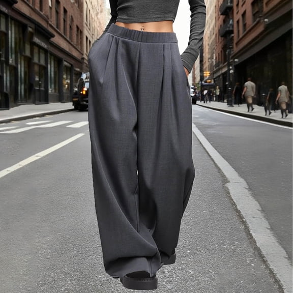 ClodeEU Women's Pleated Waist Wide Leg Pants Outdoor Pants, Solid Color Fashion Casual Trousers Black,Womens Plus XL