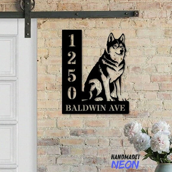 Handmadetneonsign Siberian Husky Dog House Number Metal, Siberian Husky Home Number Metal Sign, Address Wall Decor 80680