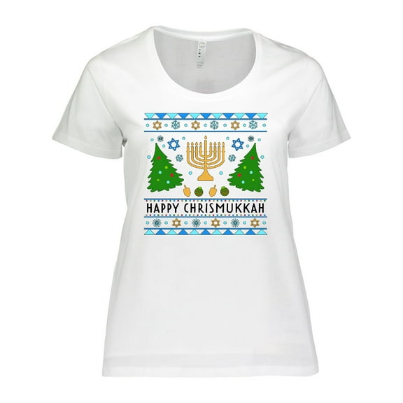 Inktastic Happy Chrismukkah Sweater Style with Menorah and Trees Women's Plus Size T-Shirt