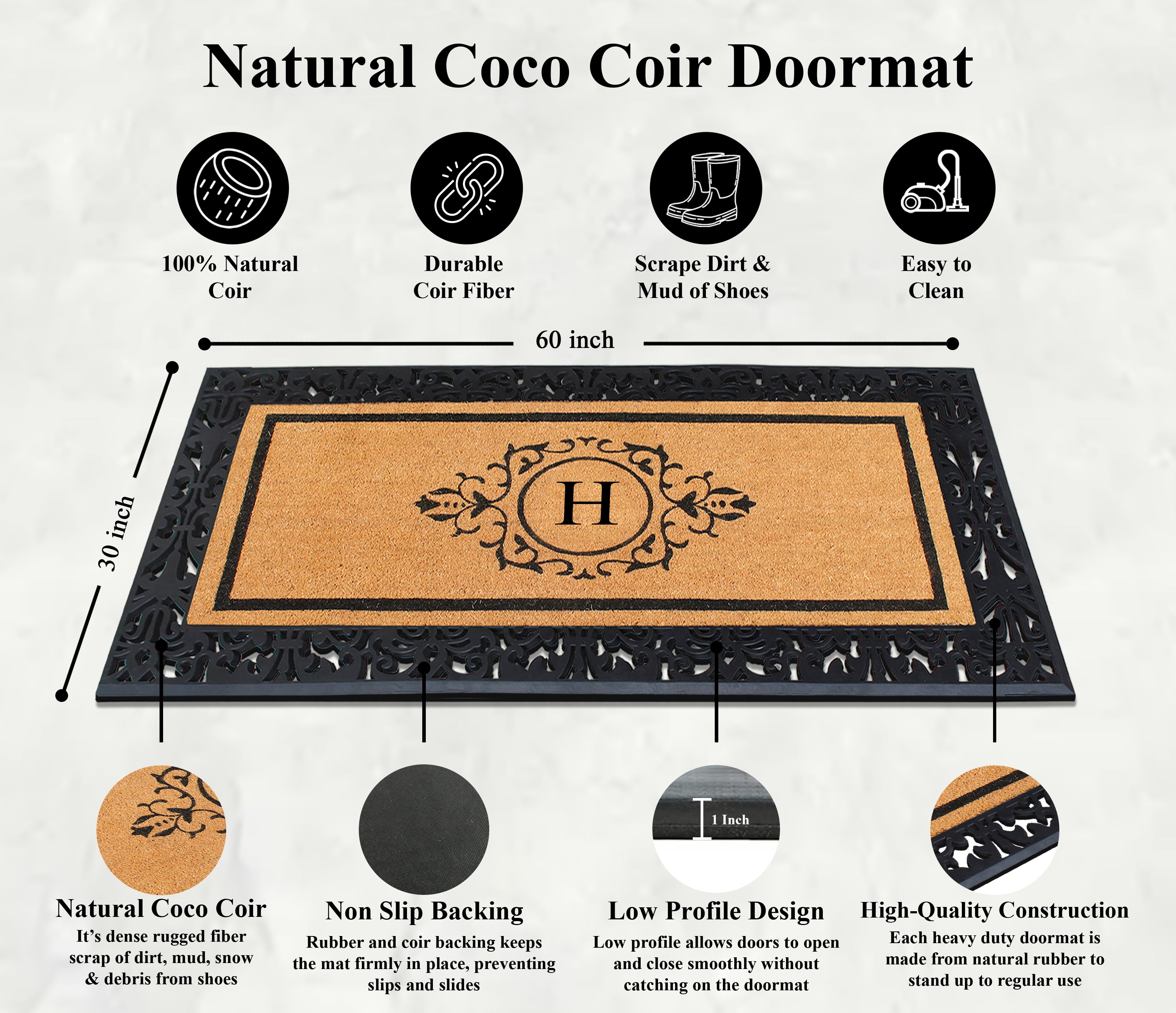 A1HC Natural Coir and Rubber Paisley Hand-Flocked Monogrammed Doormat, 30"x60", Durable Low Profile Heavy Duty Outdoor Front Door Mat, Black