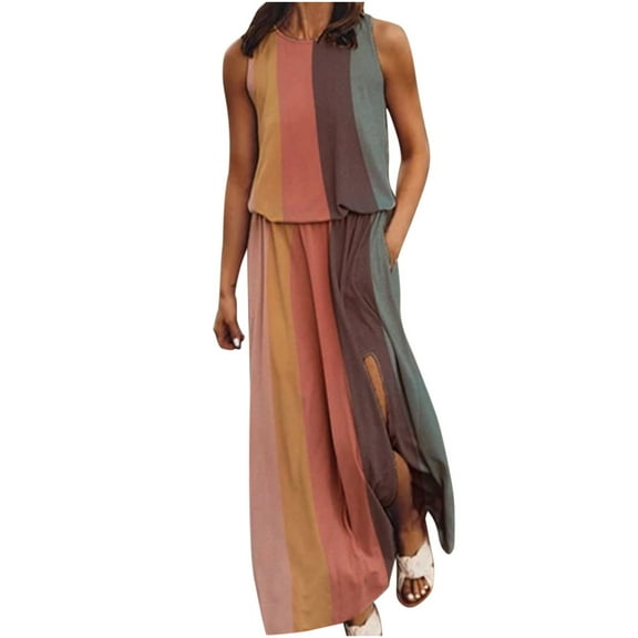 USSUMA Womens Dresses Vacation, Womens Summer Casual Tshirt Dresses Striped Hide Belly Blousons Maxi Dresses Side Split Long Dress with Pockets