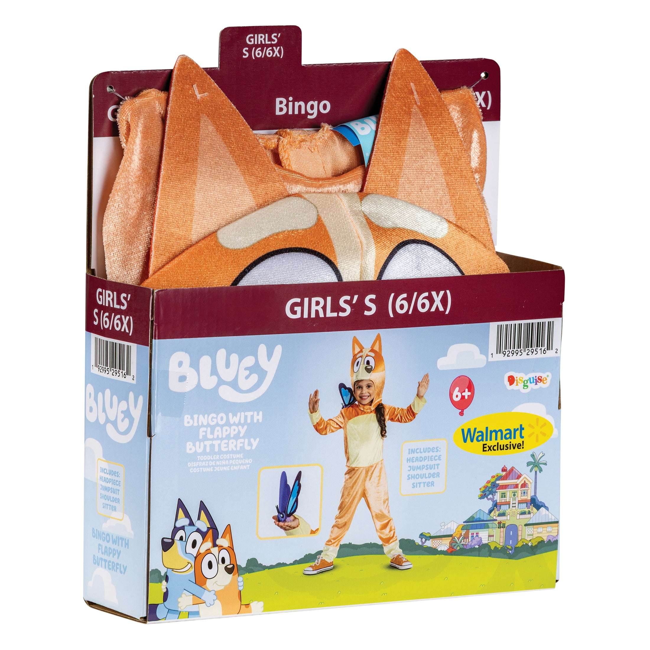 Bluey Bingo Halloween Costume for Children with Flappy Butterfly, Girls Size S (6/6X), by Disguise