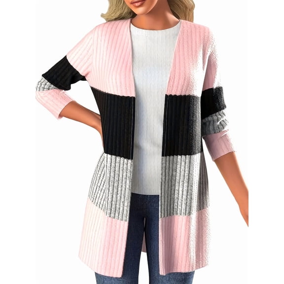 Women'S Long Sleeve Open Front Casual Cardigan Fashion Color Block Knitted Coat Sweaters Outerwear Pink L