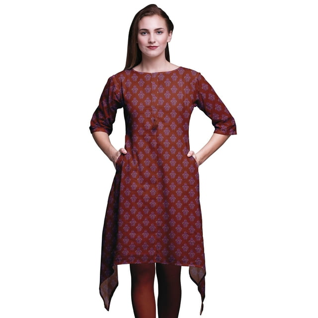 Bimba Hauts Damassés Rouges à Blocs Imprimés pour Femmes Kurti Asymétrique Robe d'Été pour Filles Très Grand