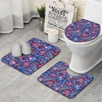 Blue Pioneer Flower and Paisley Pattern Bathroom Rugs Sets 3 Piece,Toilet Cover Set,Absorbent Non Slip Bathroom Mats Sets with U-Shaped Contour Rug Toilet Rug Set