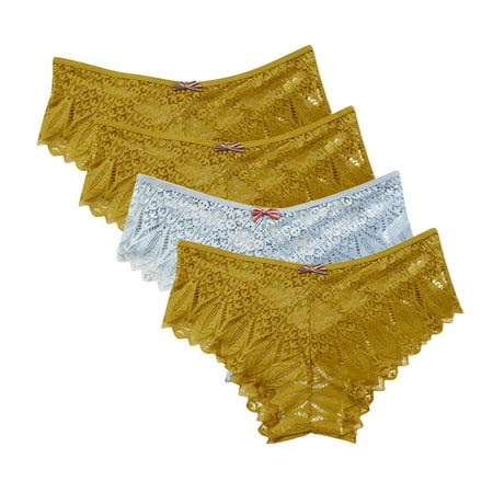 Womens Underwear Stretch 4pc Panties for Women Lace Thong Lace Breathable Underwear Scallop Thongs Ladies Plus Size Underpant Briefs Womens Cotton Underwear Yellow L