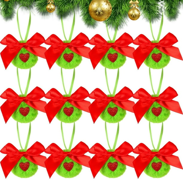 Paquete de 12 Adornos Navideños Peludos Verdes con Lazos Rojos | Decoraciones Navideñas de Piel Sintética Suave | Bolas Colgantes de 5,9 Cm para Árboles, Coronas, Guirnaldas, Fiestas, Bodas, Decoraci