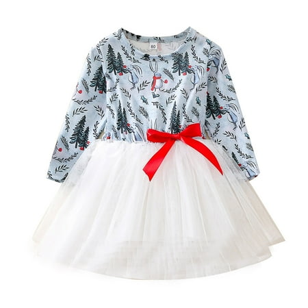 

Sweet Girl Princess Dress Toddler Baby Kids Girls Christmas Print Patchwork Tulle Princess Dress Clothes Spring Clothing