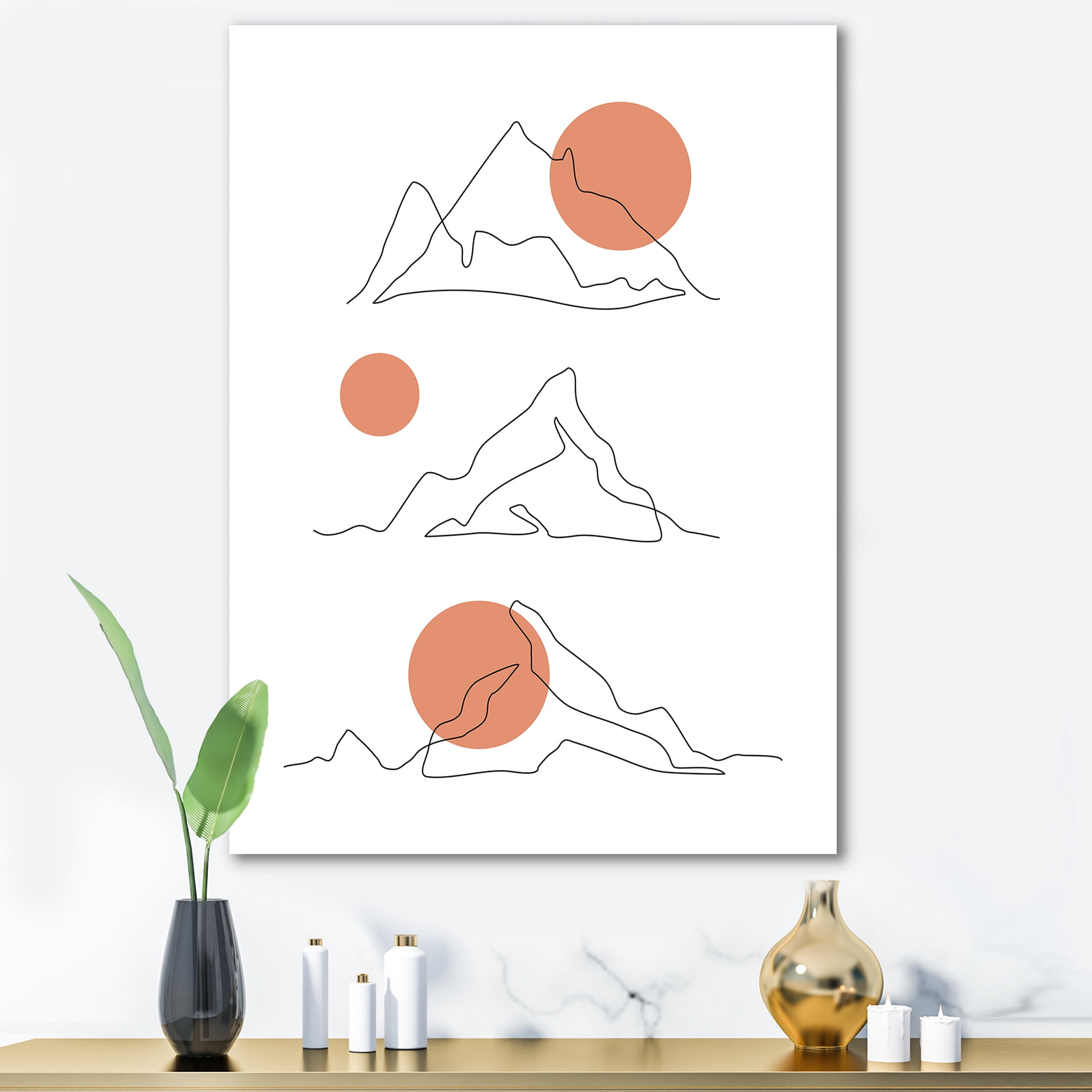 Abstract Red Moons With Mountain Range 16 in x 32 in Painting Canvas Art Print, by Designart