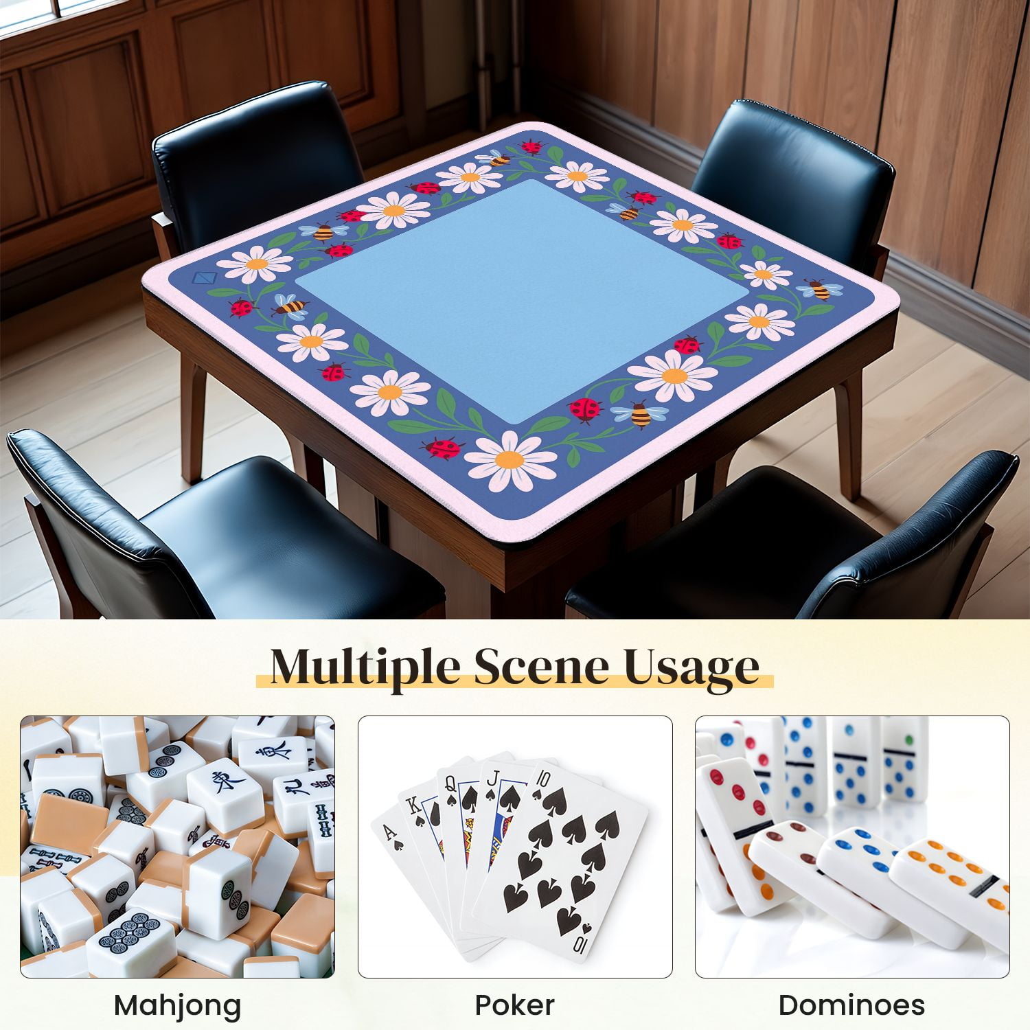 Mahjong Mat 31.5" x 31.5" Floral Daisies Ladybugs Bees Blue Anti-Slip and Noise Reduction Symmetry Design Mahjong Tiles Table Cover for Dominoes Poker Card Board and Tile Games