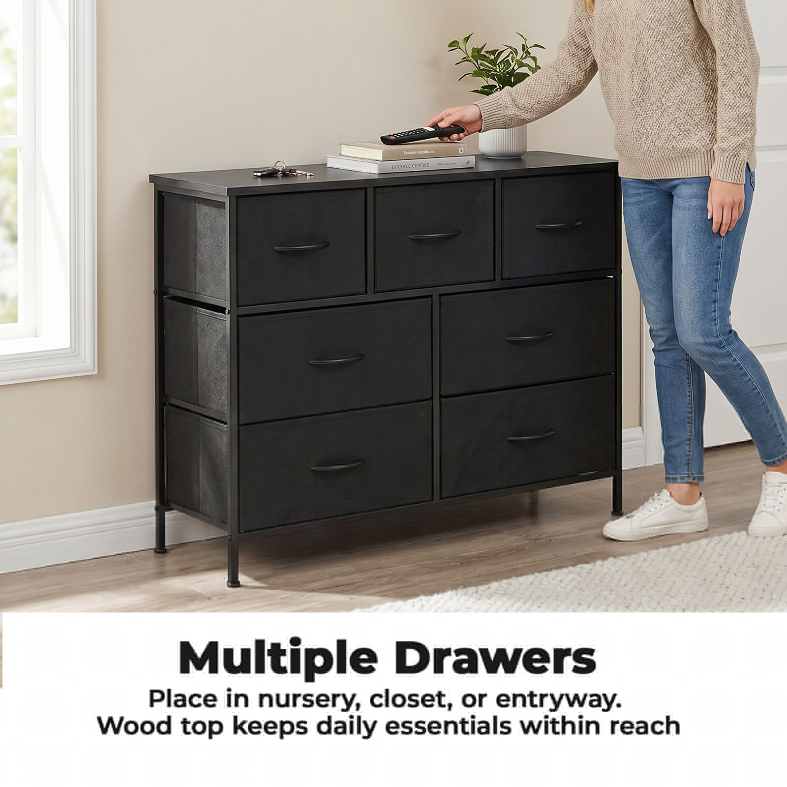 Alvantor Tall Dresser Fabric Storage Tower ,Wooden Top for Kid Room, Closet, Entryway, Nursery