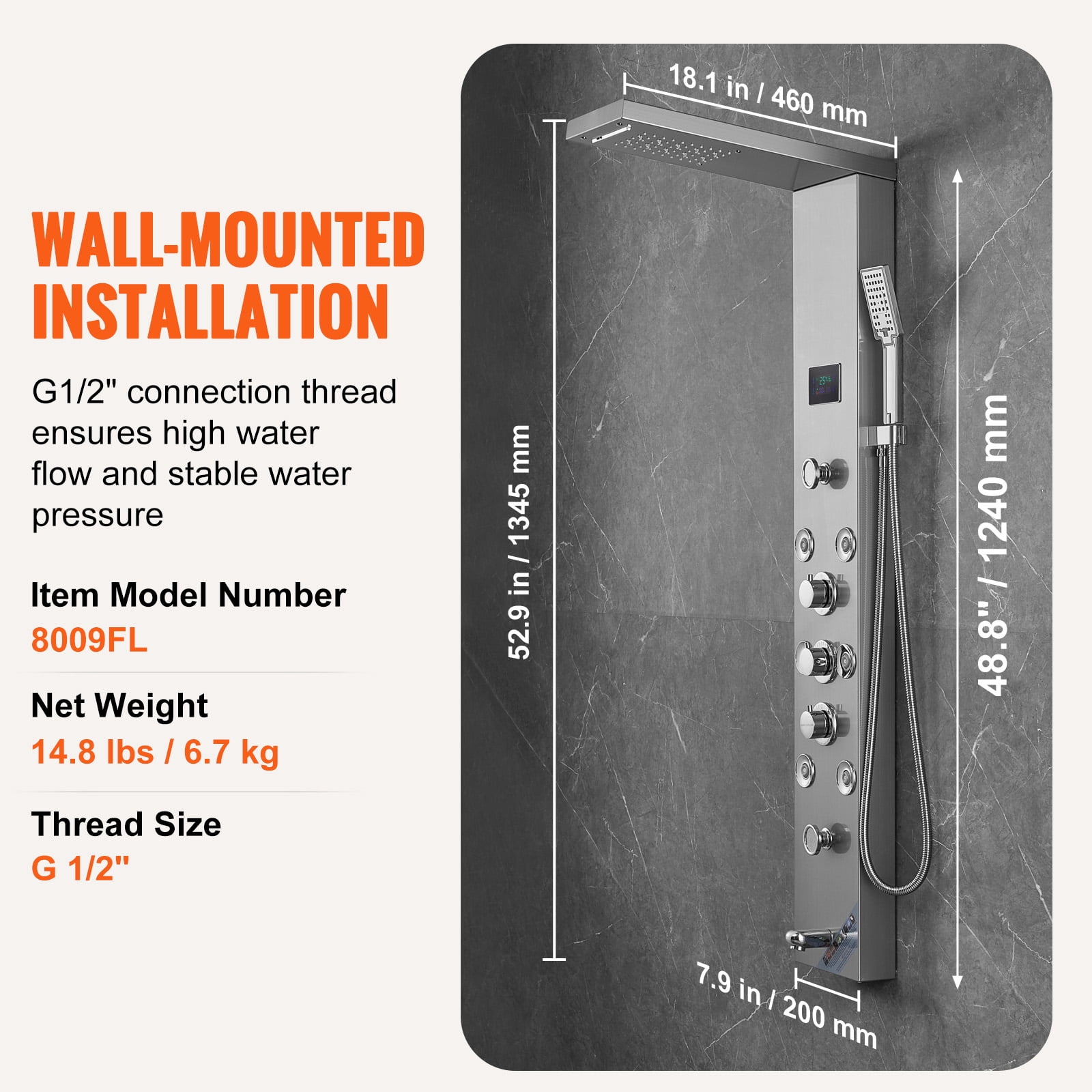KFFKFF Shower Panel Tower System 6 Modes Hydroelectricity LED Stainless Steel