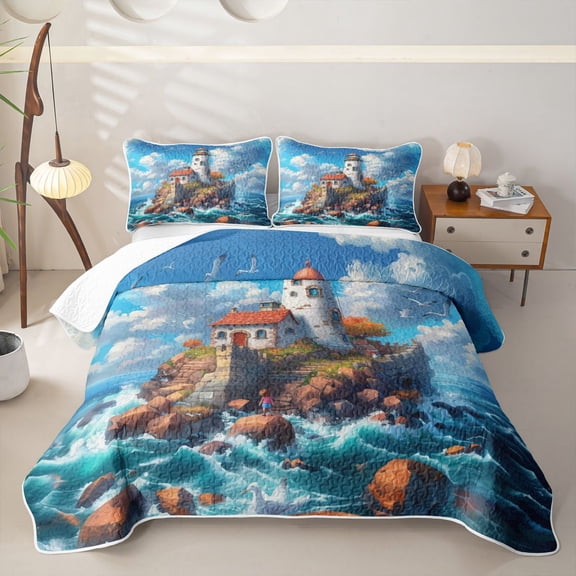 Erosebridal Coastal Lighthouse Cottage Twin Quilt Set for Boys Girls,Teens Ocean Beach Sunset Twin Coverlet Set