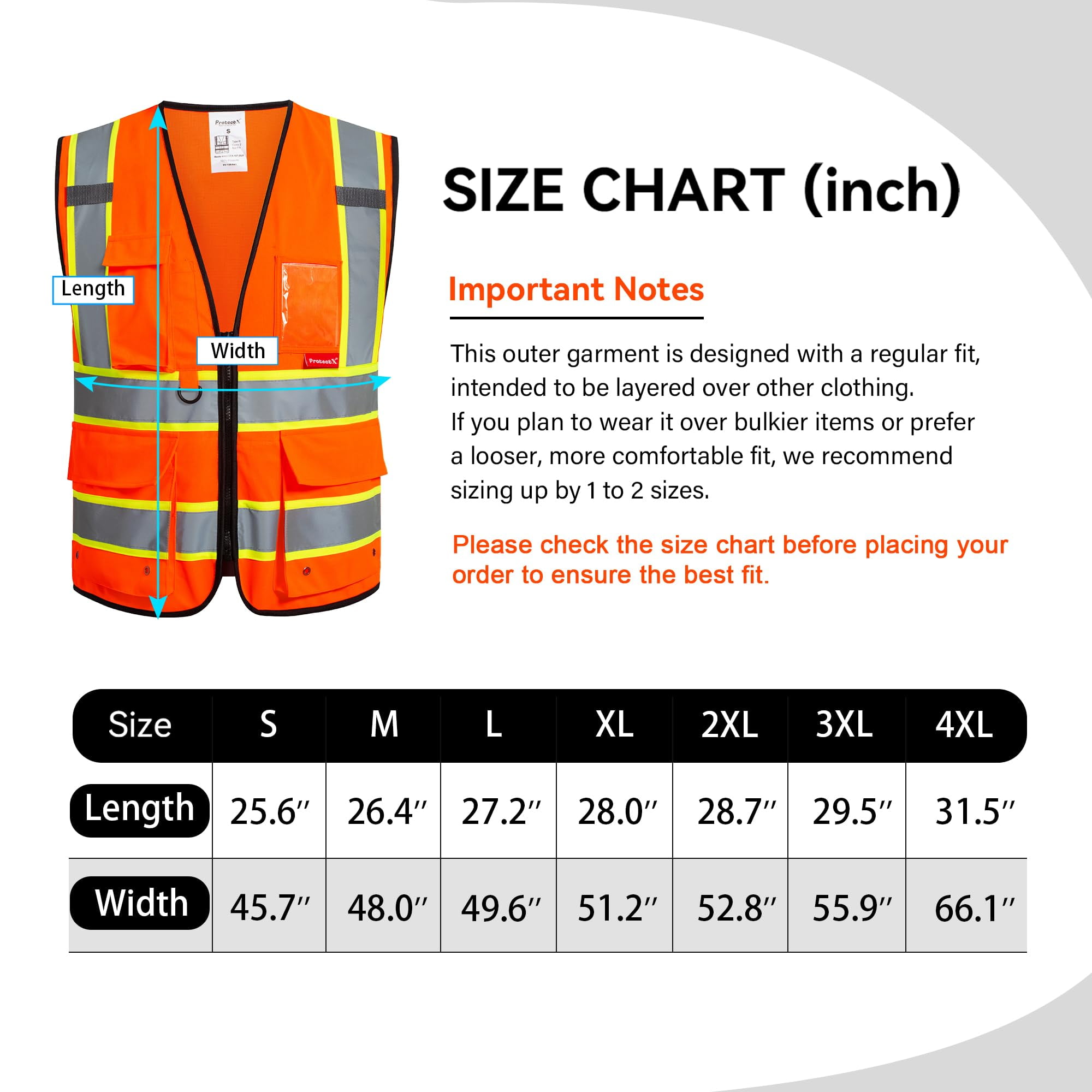 ProtectX Hi Vis Reflective Safety Vest for Men Women High Visibility Construction Work Vest with Pockets Zipper Class 2 Orange Large