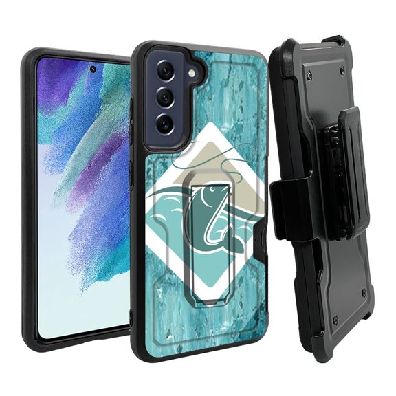ANJ Rugged Dual Layer Hybrid Holster Kickstand Case w/ Card Slot Tempered Glass Cover for Samsung Galaxy S21 FE 5G - Let's Go Fishing