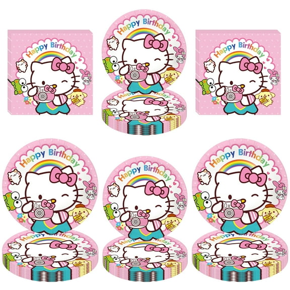 60 PCS Cartoon Kitty Tableware Sets, Kitty Birthday Party Paper Plates and Napkins Set Includes 40 PCS Plates, 20 PCS Napkins for Birthday Party Supplies