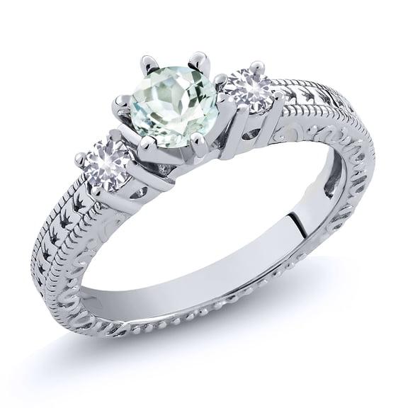 Gem Stone King 0.76 Ct Round Sky Blue Aquamarine White Created Sapphire 925 Sterling Silver Ring (Size 7)