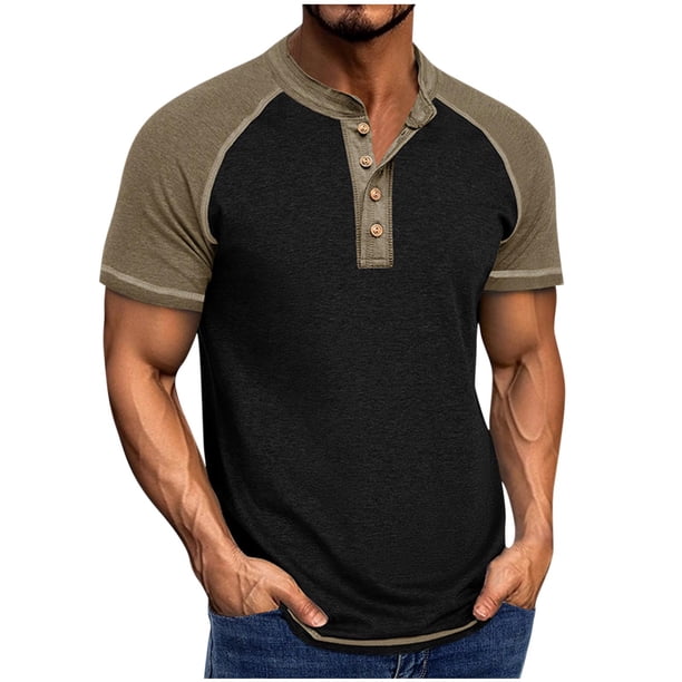 Blusa de Manga Corta de los Hombres Botones de Color Sólido Al Aire Libre Respirable Cuello Redondo, Sudadera Suelta Casual para Diario