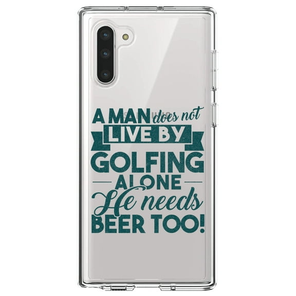 DistinctInk Clear Shockproof Hybrid Case for Samsung Galaxy Note 10 (6.3" Screen) - TPU Bumper Acrylic Back Tempered Glass Screen Protector - Live By Golfing Alone Need Beer Too