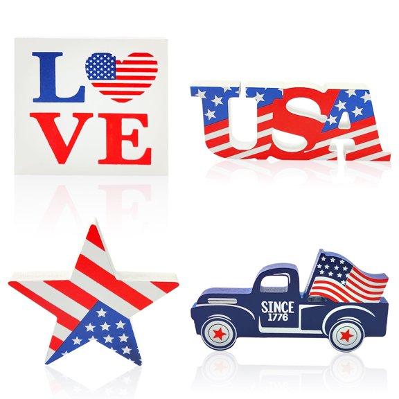 4th of July Decor Patriotic Decorations, Wooden Table Centerpiece Tiered Tray Decor for Memorial Day, Independence Day Home Decor 4Pcs