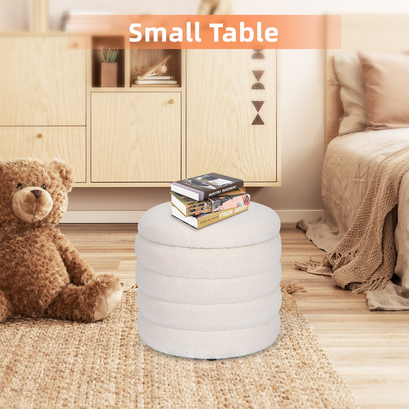 19" Round Storage Ottoman Sherpa Foot Rest Footstool Upholstered Storage Stool Seat White