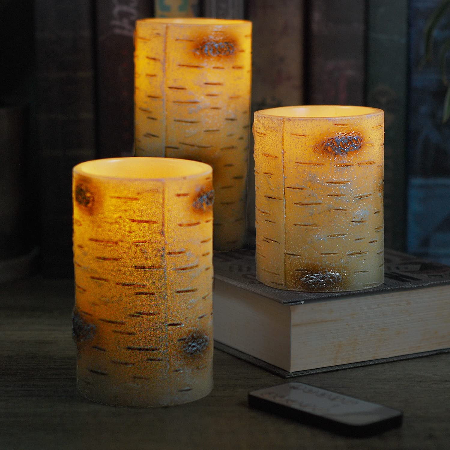 Set of 3 Battery Operated Real Flickering Flameless LED Candles with Birch Bark 