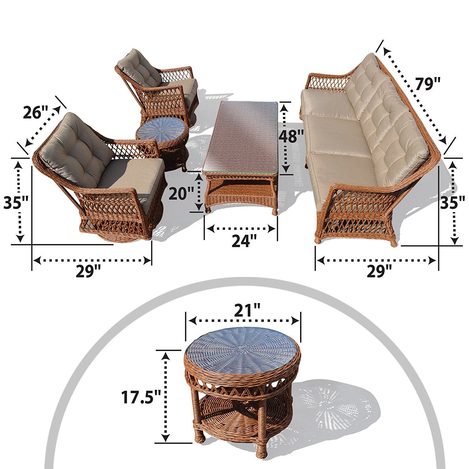 Sunny 5pc Wicker Rattan Table Chair Patio Sofa Furniture Set with Cushions Outdoor Garden W/ 3 Swivel Revolving Chairs and 2 Tables