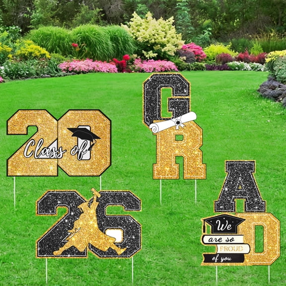 2026 Graduation Decorations Yard Signs, 4PCS Black Congrats Grad Lawn Decorations with Stakes, Graduation Party Supplies, Large Outdoor Graduation Party Decor for High School & College (Black)