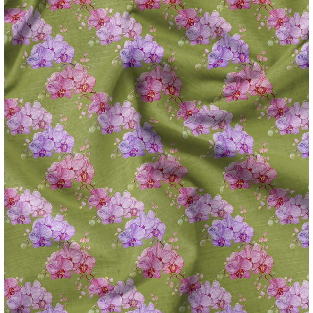 Soimoi Green Moss Georgette Fabric Leaf Floral Printed Fabric 1 Yard 42 Inch Wide