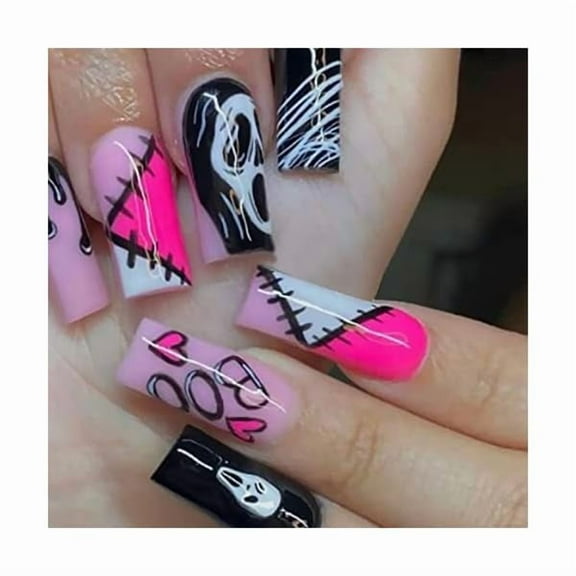 WEEKS Halloween Press on Nails Medium Fake Nails Coffin Acrylic Glue on Nails with Black Ghost Designs Glossy False Nails Full Cover Stick on Nails Artificial Static Nails for Women 24Pcs