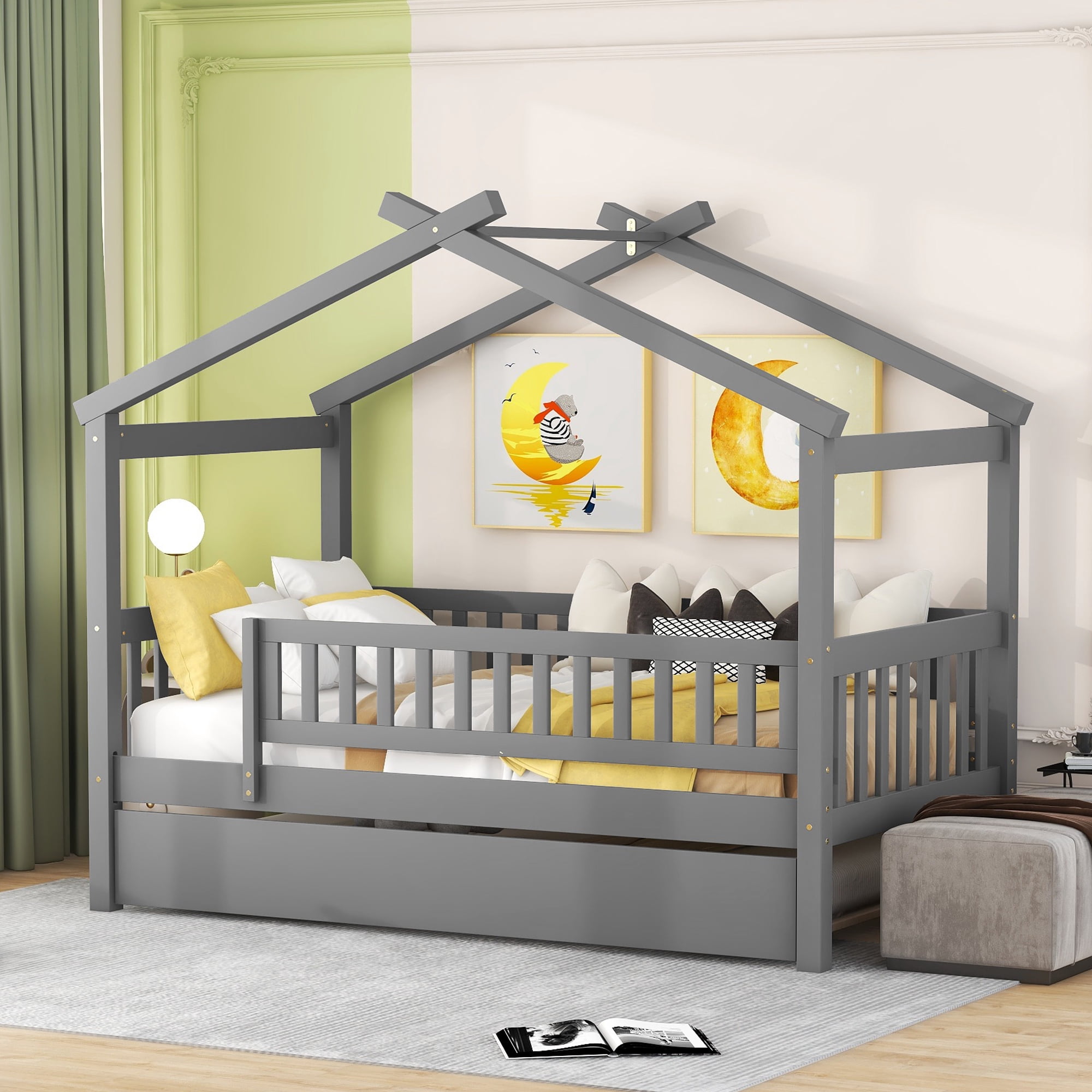 Euroco Twin Size House Bed with Trundle, Canopy Low Profile Bed for Kids, Gray