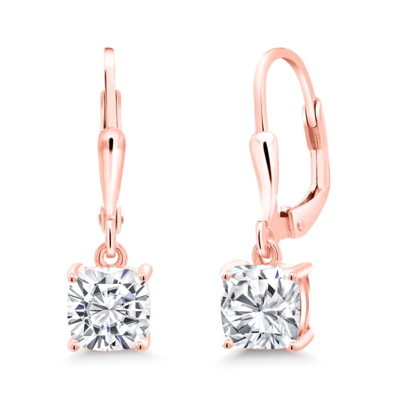Gem Stone King 18K Rose Gold Plated Silver White Moissanite Dangle Earrings for Women (2.20 Cttw, Gemstone Birthstone, Cushion 6MM)